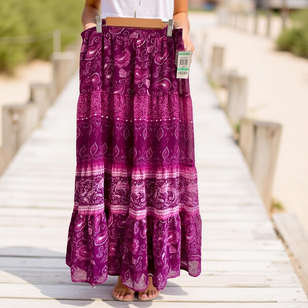 NWT Vintage Macy's 1994 tiered,maxi,purple & pink with gold beading boho style